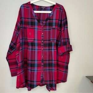 Roaman's Women's Button Up Shirt Tunic Plaid Roll Tab V Neck 22 Asymmetrical Hem